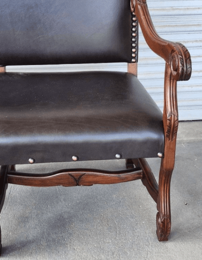 Cowhide and Leather Bench front side carved wood detail
