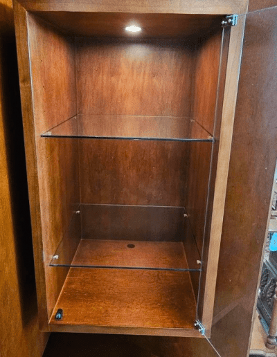 Mid-Century Modern Entertainment Unit lighted cabinet glass shelves.