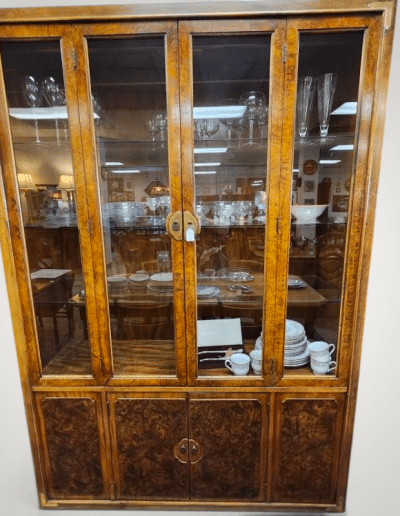 Vintage Burl Wood & Brass Campaign Style China Cabinet