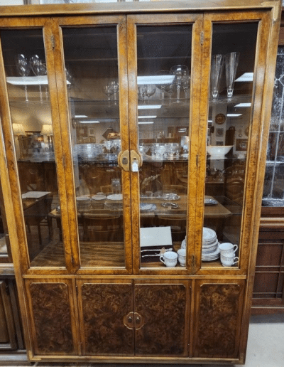 Vintage Burl Wood & Brass Campaign Style China Cabinet