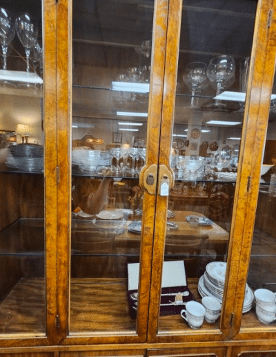 Vintage Burl Wood & Brass Campaign Style China Cabinet