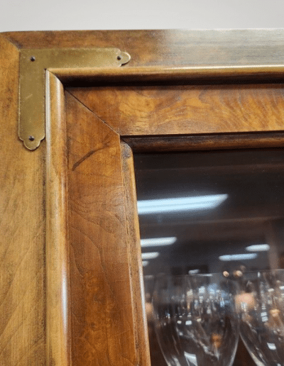 Vintage Burl Wood & Brass Campaign Style China Cabinet