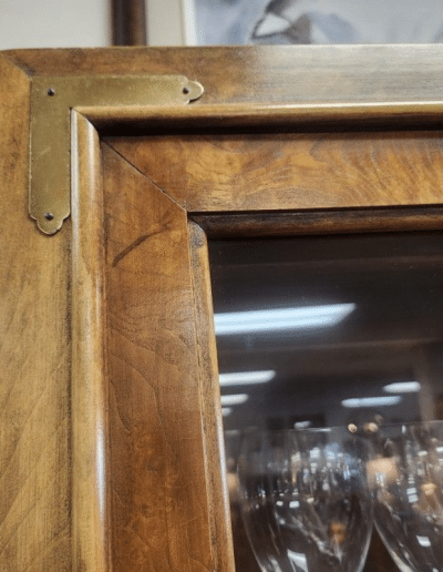 Vintage Burl Wood & Brass Campaign Style China Cabinet