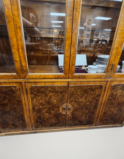 Vintage Burl Wood & Brass Campaign Style China Cabinet