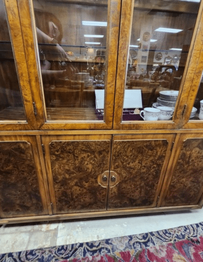 Vintage Burl Wood & Brass Campaign Style China Cabinet