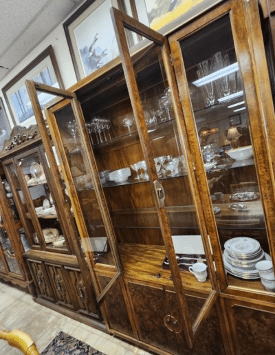 Vintage Burl Wood & Brass Campaign Style China Cabinet