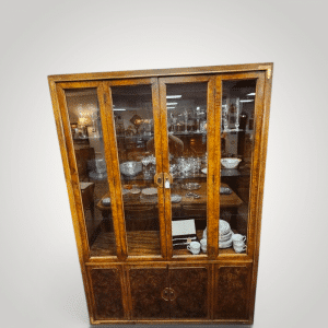 Vintage Burl Wood & Brass Campaign Style China Cabinet