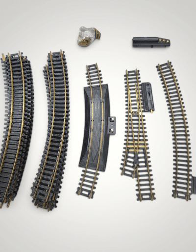 Vintage N Scale Model Train Track Lot – Brass Rails, Turnout Switch, Rerailer & Depot Station Building