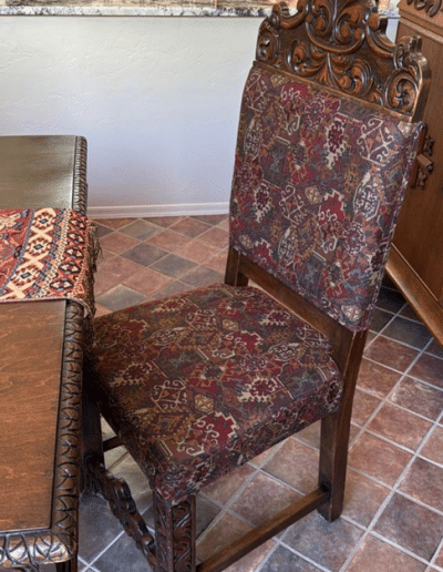 Ornate Mediterranean Carved Solid Wood Dining Table & Upholstered Chair Set