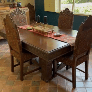 Ornate Mediterranean Carved Solid Wood Dining Table & Upholstered Chair Set