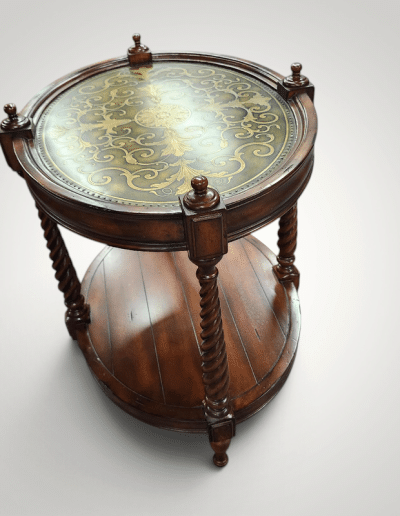 Traditional Oval Accent Table with Gold Tooling & Barley Twist Legs