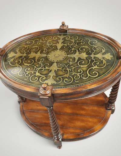 Traditional Oval Accent Table with Gold Tooling & Barley Twist Legs