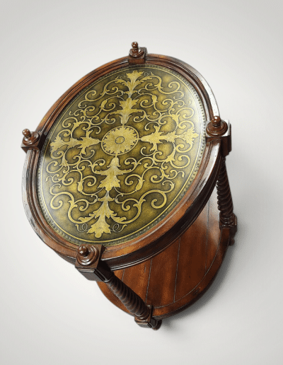 Traditional Oval Accent Table with Gold Tooling & Barley Twist Legs