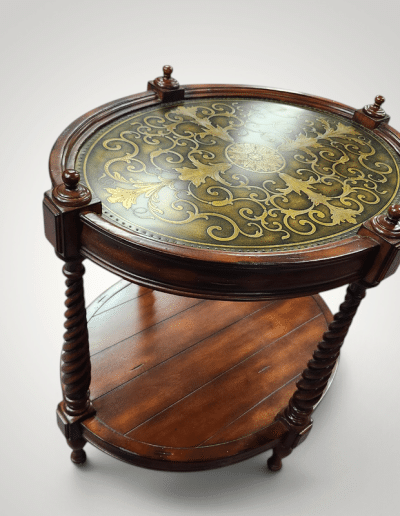 Traditional Oval Accent Table with Gold Tooling & Barley Twist Legs