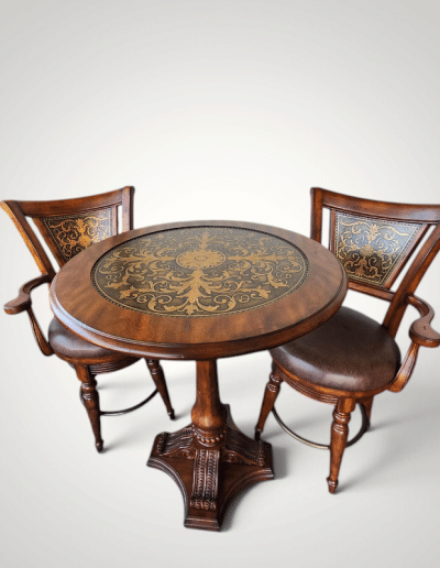 3-Piece Traditional Bistro Set with Gold-Tooled Medallion Top & Swivel Armchairs