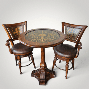 3-Piece Traditional Bistro Set with Gold-Tooled Medallion Top & Swivel Armchairs