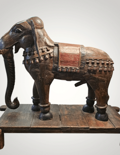Monumental South Indian Polychrome Carved Wood Elephant, Tamil Nadu