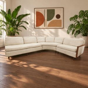 Mid-Century Modern Erwin-Lambeth 3-Piece Curved Sectional Sofa with Fitted Walnut Wedge Corner Table