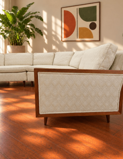 Mid-Century Modern Erwin-Lambeth 3-Piece Curved Sectional Sofa with Fitted Walnut Wedge Corner Table